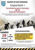 Route barrée - rue de HEUSSERN - Samedi 28/02/2026